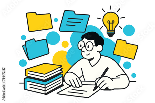 Organized Desk Artistry. Organizing paperwork. A tidy desk with floating files, a hand holding a pen, and a lightbulb glowing in the background. Modern