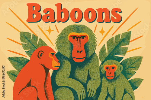 Retro Baboons Poster. Retro Poster ? "Baboons" in bold rounded font, centered layout with halftone leaf textures and radiating lines suggesting movement,