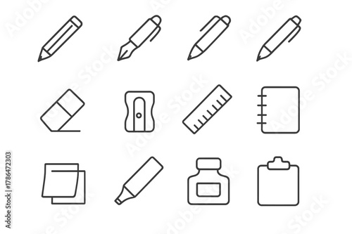 Writing Tools Icons. Writing Tools. Line icon set of Writing Tools: pencil, fountain pen, ballpoint pen, mechanical pencil, eraser, sharpener, ruler, notebook,