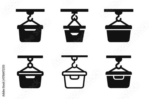 Garage Storage Icons. Using overhead storage racks in the garage. Set Logo of Using overhead storage racks in the garage: pulley hoist lifting a storage bin to