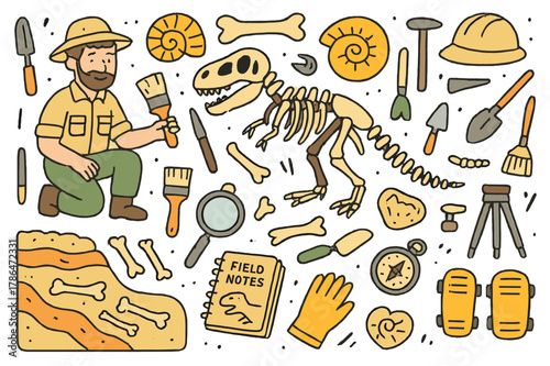 Prehistoric Excavation Tools. Prehistoric discovery. Hand-drawn doodle illustration paleontologist (colored), dinosaur skeleton (colored), fossils (colored),
