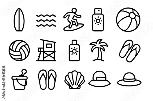 Beach Fun Icons. Outdoor beach fun. Line icon set of outdoor beach fun: surfboard, waves, surfer, beach ball, volleyball, lifeguard tower, sunscreen bottle,