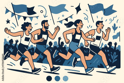 Vibrant Marathon Dynamics. Running events. Vibrant marathon runners in motion, with sneakers pounding the pavement and arms outstretched. Colorful flags and