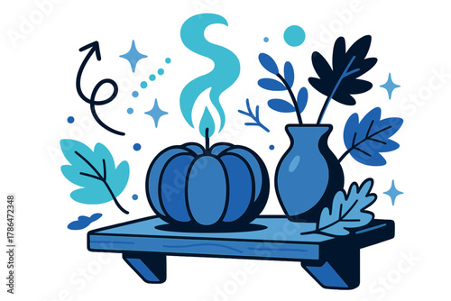 Pumpkin Candle Glow. Pumpkin candles. A glowing candle shaped like a pumpkin on a wooden shelf, surrounded by