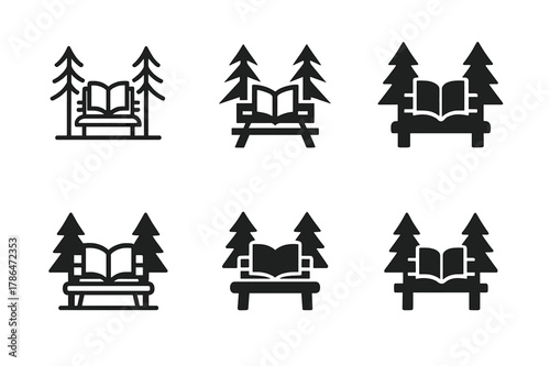 Forest Bench Logo Grid. Embracing solitude and personal time. Set Logo of forest bench with open book: Minimal outline, Abstract geometric, Filled silhouette,