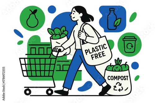 Eco-Friendly Shopping. Plastic-free lifestyle. A shopper with cloth bags in a grocery aisle, floating abstract