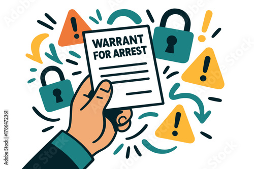 Arrest Warrant Illustration. Warrant for arrest. Hand holding official arrest document with abstract floating warning icons, locks, and exclamation marks;