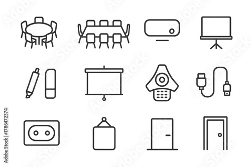 Meeting Room Icons. Meeting Room. Line icon set of Meeting Room: round table, chairs, projector, whiteboard, marker, eraser, pull-down screen, conference
