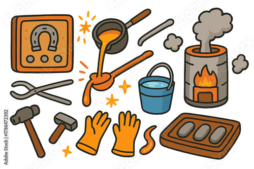 Colorful Metal Casting Scene. Metal casting. Colorful Hand-drawn doodle Children illustration Metal casting clay mold, molten metal, crucible, ladle, furnace,