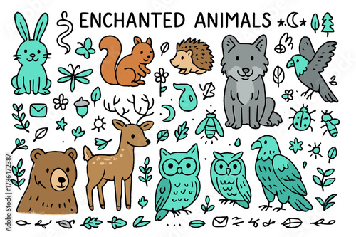 Enchanted Animal Doodles. Enchanted animals. Hand-drawn doodle illustration enchanted animals colored rabbit, colored squirrel, colored hedgehog, colored fox,