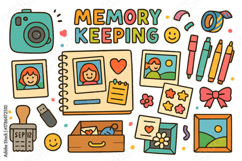 Memory Keeping Essentials. Memory keeping at home. Colorful Hand-drawn doodle Children illustration Memory keeping at home instant camera, photo prints,
