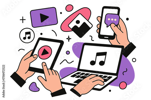 Multitasking Media Interaction. Media Consumption Habits. Close-up of hands interacting with multiple devices with floating abstract geometric media icons,