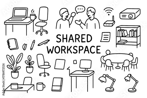 Shared Workspace Doodles. Shared Workspace. Hand-drawn doodle illustration Shared Workspace desks, laptops, office chairs, coffee cups, plants,
