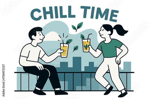 Rooftop Chill Time. Rooftop Iced Tea Pause. A clink of glass against railing; mint leaves spin like tiny kites. ?Chill Time? floats above skyline rectangles.
