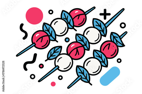 Modern Caprese Skewers. Caprese Skewers. Overhead view of caprese skewers with cherry tomatoes, mozzarella, basil, and floating abstract geometric shapes,