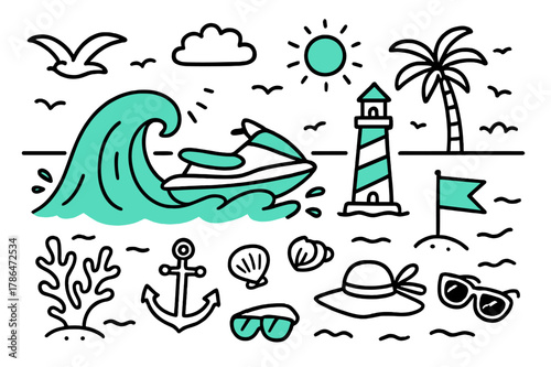Ocean Adventure Doodle. // Ocean ride. Hand-drawn doodle illustration Ocean ride [jet ski (accented), rolling wave (accented), seagull, lighthouse (accented),