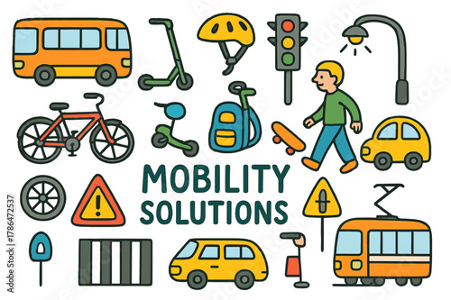 Colorful Mobility Doodles. mobility solutions. Colorful Hand-drawn doodle Children illustration mobility solutions bus, bicycle, scooter, pedestrian, car,