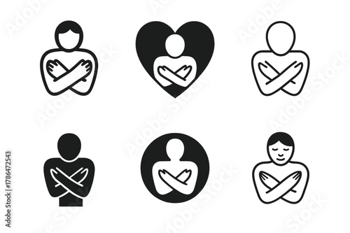 Self-Compassion Logo Set. Self-compassion and self-acceptance practices. Icon set. Set Logo of Self-compassion and self-acceptance practices: person embracing