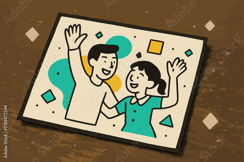 Nostalgic Dusty Photograph. Dusty Photograph. Close-up of an old photograph on a wooden table with floating abstract geometric dust shapes, nostalgic and quiet