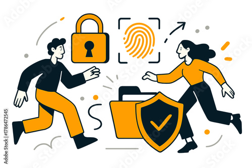 Secure Glove Compartment. Glove compartment security. A lock icon, a fingerprint scan, a shield protecting a folder. Modern flat vector scene with expressive,