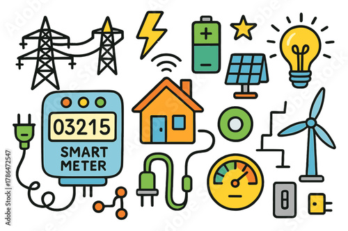 Colorful Energy Icons. home energy. Colorful Hand-drawn doodle Children illustration home energy smart meter, electricity meter, digital display, house, power
