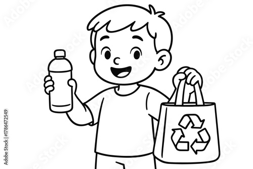 Eco-Friendly Fun. Eco-friendly packaging children?s coloring book illustration, outlined drawing, a picture of a child holding a reusable bag and a refillable
