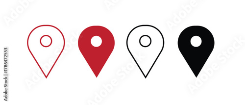 Location pin icon set in red, black, and outline style — modern minimal vector map marker design for navigation, GPS app, travel interface, and digital graphic projects