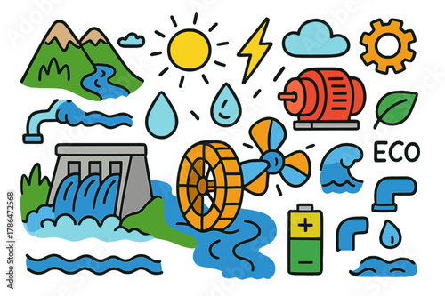 Hydropower Doodle Illustration. Hydropower. Colorful Hand-drawn doodle Children illustration Hydropower dam, turbine, water wheel, generator, river, mountain,