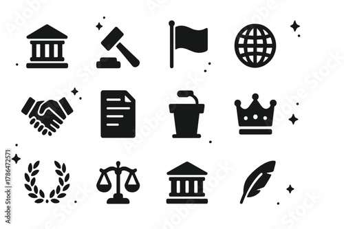 Statecraft Icons Ensemble. Statecraft. Solid icons set of Statecraft: government building, gavel, flag, globe, handshake, document, podium, crown, laurel