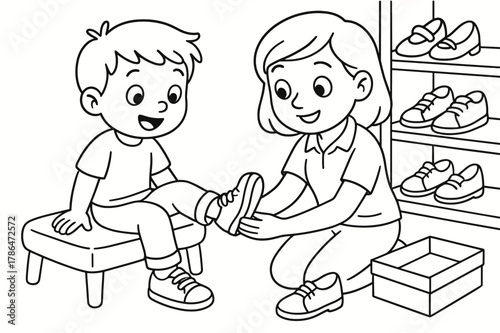 Children's Shoe Fitting. Shoe fitting children?s coloring book illustration, outlined drawing, child trying on