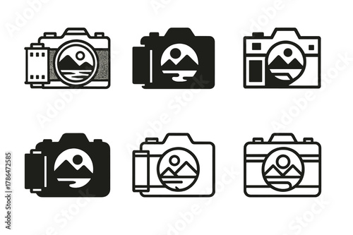 Photography Logo Variations. Photography and capturing scenic views. Set Logo of Photography and capturing scenic views: vintage camera with film roll. Icon