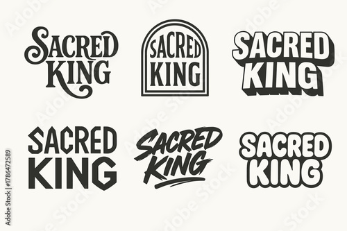 Sacred King Lettering Variations. Sacred King. Set lettering. harmonious lettering variations of the same emblematic concept (Whimsical curly type with