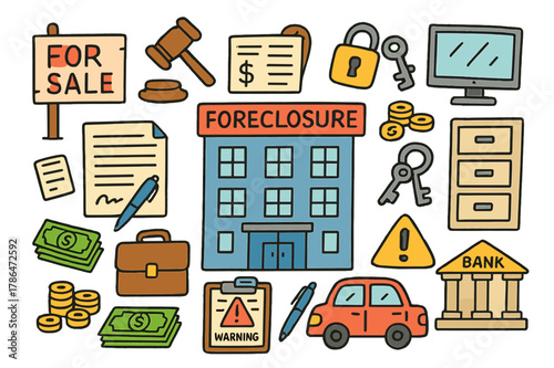 Business Foreclosure Icons. business foreclosure. Colorful Hand-drawn doodle Children illustration business foreclosure office building, "For Sale" sign,