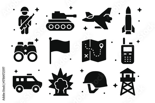 Military Icons Grid. Military Advance. Solid icons set of Military Advance: soldier, tank, jet, missile, binoculars, flag, map, radio, armored vehicle,