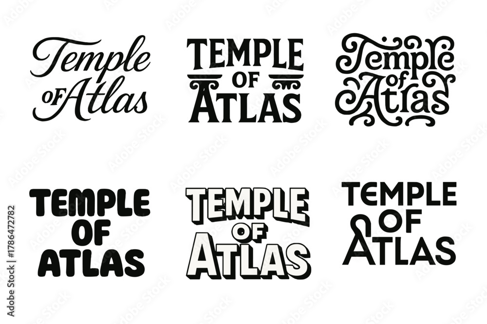 Fototapeta premium Atlas Lettering Variations. Temple of Atlas. Set lettering. harmonious lettering variations of the same emblematic concept, each with different artistic