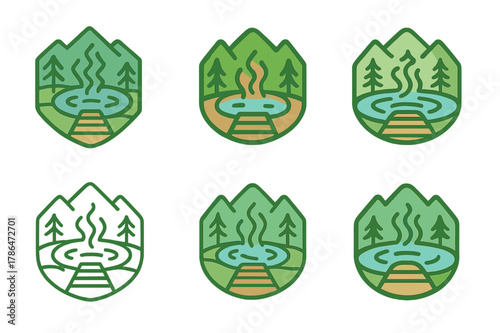Hot Spring Logos. A hot spring bath with a natural, serene landscape around it. Icon set. Set Logo of A hot spring bath with a natural, serene landscape around