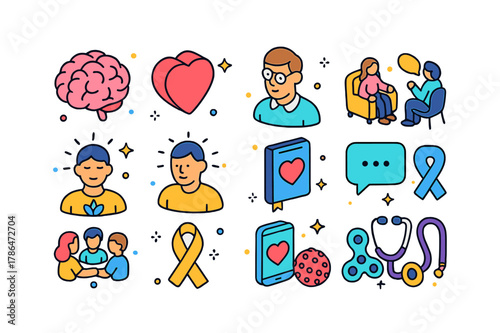Emotional Health Icons. Emotional health. Colorful isometric vector icons set of emotional health: brain, heart, therapist, counseling session, mindfulness,