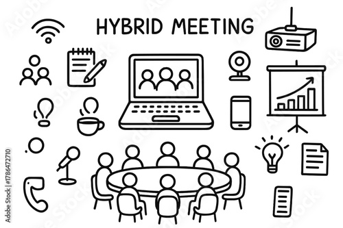 Hybrid Meeting Doodle. Hybrid meeting. Hand-drawn doodle illustration hybrid meeting laptop, conference table, projector, webcam, microphone, chart, group