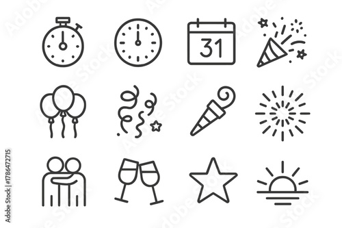 Countdown Celebration Icons. Countdown and Midnight. Line icon set of Countdown and Midnight: countdown timer, clock at twelve, calendar page, confetti cannon,