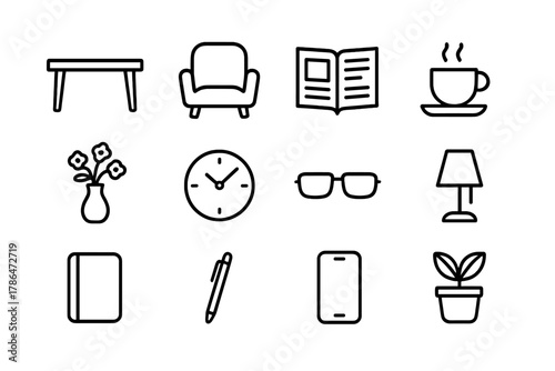 Salon Waiting Room Icons. Salon waiting room items. Line outline icon set of salon waiting room items: table,