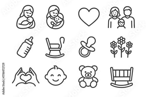 Maternal Bond Icons. Maternal bond. Line icon set of maternal bond: mother holding baby, hug, heart, family, baby bottle, rocking chair, pacifier, flowers,