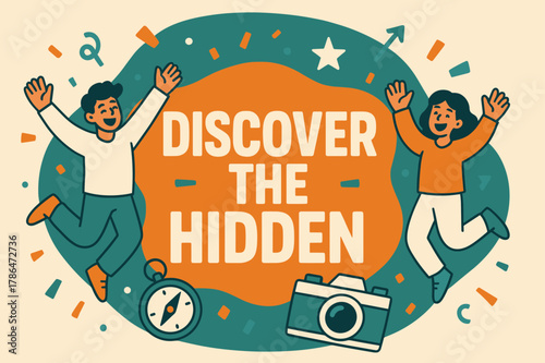 Adventure Awaits Poster. Discover the hidden banner, flat vector illustration, bold oversized text inside rounded blob, cartoon characters jumping and waving,