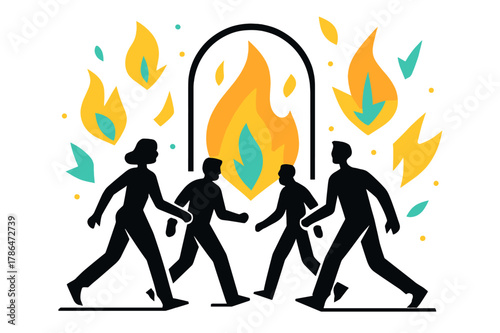 Silhouettes Before Fiery Gates. Figures Walking Towards Fiery Gates. Figures silhouetted against fiery gates with floating abstract geometric flames and