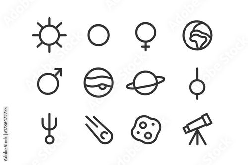 Solar System Icons. Solar system view. Line icon set of solar system view: sun, mercury, venus, earth, mars, jupiter, saturn, uranus, neptune, comet, asteroid,