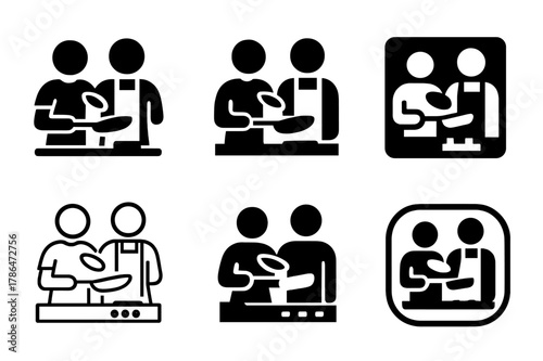 Couples Cooking Icons. Couples cooking together in the kitchen. Set Logo of couples cooking together in the kitchen: two people flipping a pancake in a