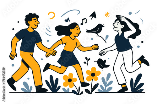 Dynamic Nature Scene. ARE YOU IN NATURE. Blooming flowers, birds singing, gentle breeze. Modern flat vector scene with expressive, stylized characters in