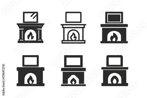 Fireplace Mantel Logos. fireplace mantel. Set Logo of fireplace mantel: mantel with framed mirror. Icon set. harmonious logo variations of the same emblematic