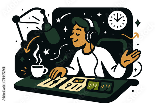 Late-Night Radio Magic. Radio Studio Desk ? Late-Night Session. A lone cup steams beside glowing meters; the clock shows ?:?. Subtle stars drift beyond the