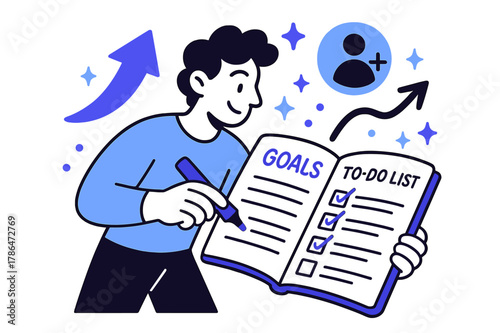 Goal Setting Scene. A person setting goals and writing a to-do list in a planner for self-improvement. Individual reviewing checklist and highlighting tasks