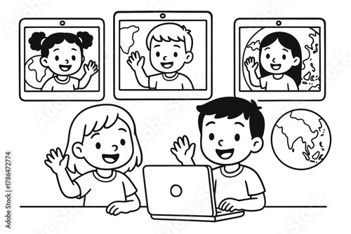 Global Video Call Fun. Video calls children?s coloring book illustration, outlined drawing, smiling kids